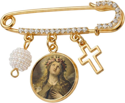 Saint Rosalia Catholic Prayer Pin Brooch, Gold-Tone Rhinestone Safety Pin with Saint Medal, Cross Charm, White Pearl Bead Accent & English Prayer Card, Religious Faith Jewelry Gift