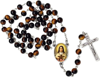 Saint Thérèse of Lisieux Catholic Rosary with Natural Tiger Eye Beads, Silver Crucifix and Center Medal, English Prayer Card, Natural Stone Prayer Beads for Daily Prayer, Devotion & Gifting