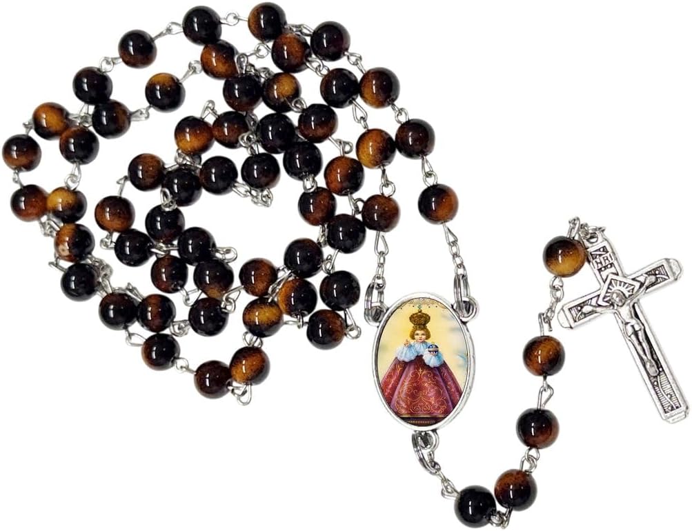 Infant Jesus of Prague Catholic Rosary with Natural Tiger Eye Beads, Silver Crucifix and Center Medal, English Prayer Card, Natural Stone Prayer Beads for Daily Prayer, Devotion & Gifting