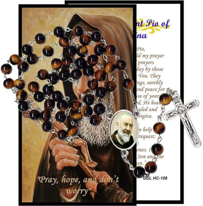 Gifts by Lulee, LLC Padre Pio Catholic Rosary with Natural Tiger Eye Beads, Silver Crucifix and Center Medal, English Prayer Card, Natural Stone Prayer Beads for Daily Prayer, Devotion & Gifting