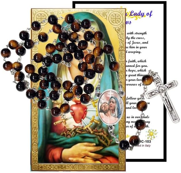 Our Lady of Sorrows Catholic Rosary with Natural Tiger Eye Beads, Silver Crucifix and Center Medal, English Prayer Card, Natural Stone Prayer Beads for Daily Prayer, Devotion & Gifting