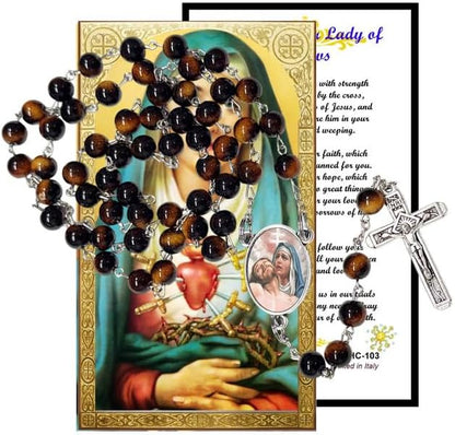 Our Lady of Sorrows Catholic Rosary with Natural Tiger Eye Beads, Silver Crucifix and Center Medal, English Prayer Card, Natural Stone Prayer Beads for Daily Prayer, Devotion & Gifting