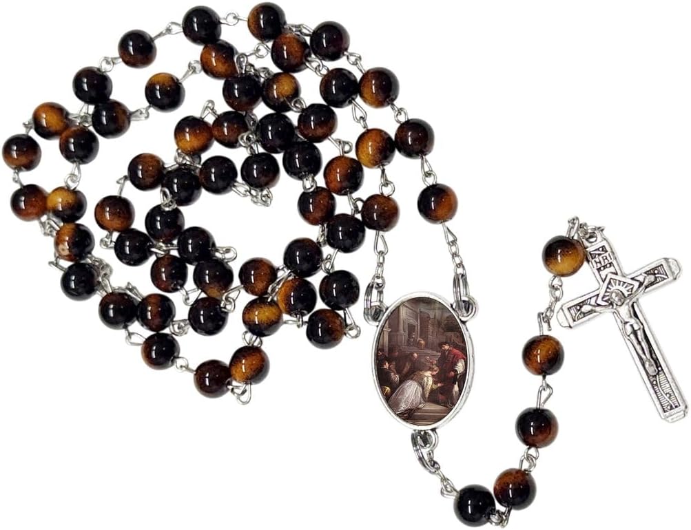 Saint Valentine Catholic Rosary with Natural Tiger Eye Beads, Silver Crucifix and Center Medal, English Prayer Card, Natural Stone Prayer Beads for Daily Prayer, Devotion & Gifting