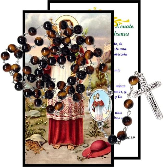 Gifts by Lulee, LLC San Ramón Nonato Rosario Católico de Piedra Natural Tiger Eye, Cuentas de Oración con Crucifijo Plateado y Medalla Central, Cadena Resistente para Uso Diario y Regalos Religiosos