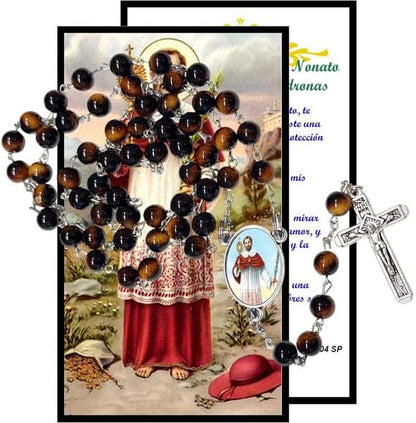 Gifts by Lulee, LLC San Ramón Nonato Rosario Católico de Piedra Natural Tiger Eye, Cuentas de Oración con Crucifijo Plateado y Medalla Central, Cadena Resistente para Uso Diario y Regalos Religiosos