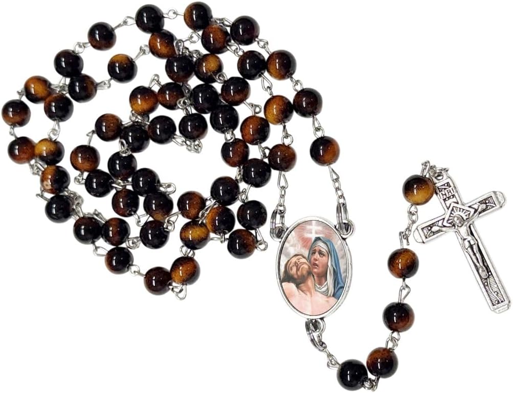 Nuestra Señora de los Dolores Rosario Católico de Piedra Natural Tiger Eye, Cuentas de Oración con Crucifijo Plateado y Medalla Central, Cadena Resistente para Uso Diario y Regalos Religiosos