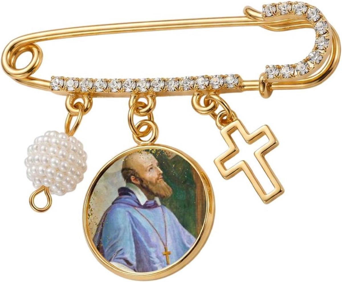 St. Francis de Sales Catholic Prayer Pin Brooch, Gold-Tone Rhinestone Safety Pin with Saint Medal, Cross Charm, White Pearl Bead Accent & English Prayer Card, Religious Faith Jewelry Gift