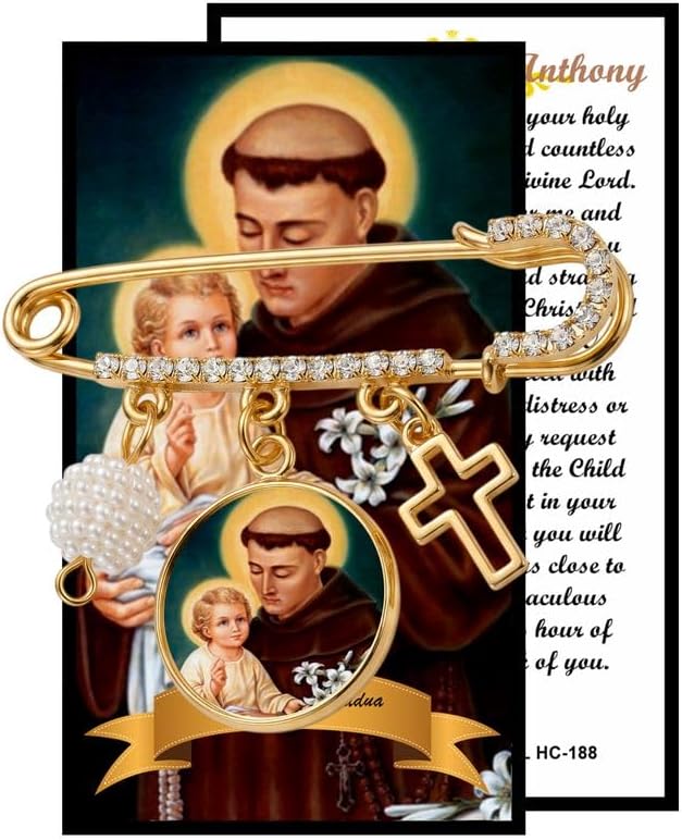 St. Anthony of Padua Gold-Tone Rhinestone Safety Pin Brooch with Saint Medal, Cross Charm, White Beaded Accent & Prayer Card, Catholic Faith Jewelry Gift