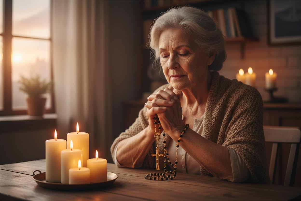 Saint Catherine of Sweden Patron of Mothers and Families Handcrafted rosary jet black quartz capped beads gold plated findings, crucifix, medal centerpiece with color image and a prayer card IN ENGLISH