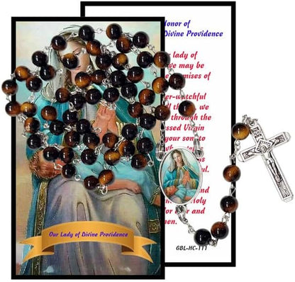 Our Lady of Divine Providence Catholic Rosary with Natural Tiger Eye Beads, Silver Crucifix and Center Medal, English Prayer Card, Natural Stone Prayer Beads for Daily Prayer, Devotion & Gifting