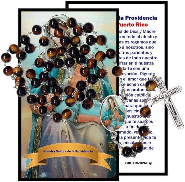 Nuestra Señora de la Divina Providencia Rosario Católico de Piedra Natural Tiger Eye, Cuentas de Oración con Crucifijo Plateado y Medalla Central, Cadena Resistente para Uso Diario y Regalos Religiosos