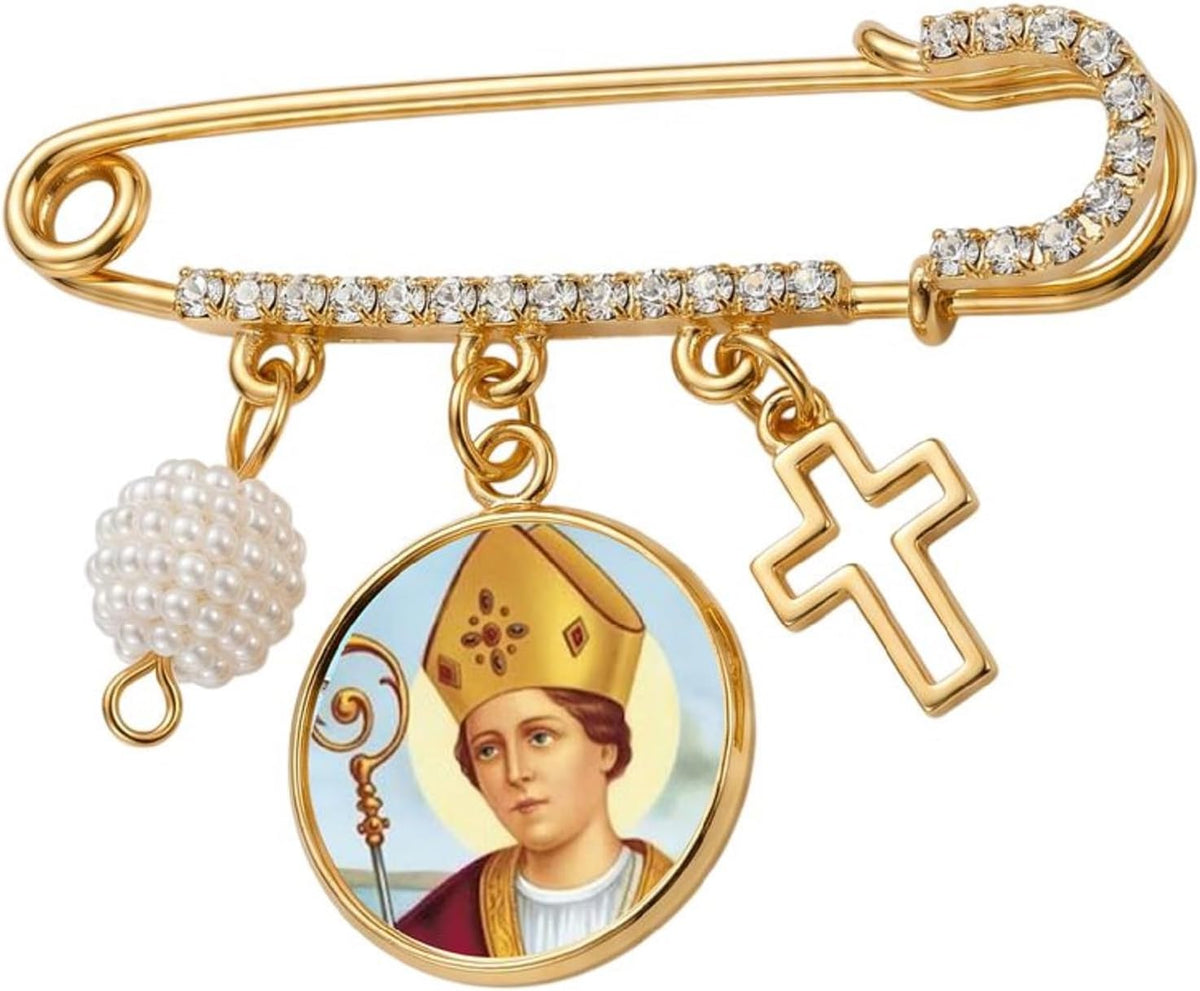 Saint Medal Catholic Prayer Pin Brooch, Gold-Tone Rhinestone Safety Pin with Cross Charm, White Pearl Bead Accent & English Prayer Card, Religious Faith Jewelry Gift