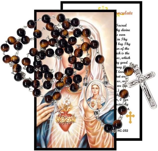 Immaculate Heart of Mary Catholic Rosary with Natural Tiger Eye Beads, Silver Crucifix and Center Medal, English Prayer Card, Natural Stone Prayer Beads for Daily Prayer, Devotion & Gifting