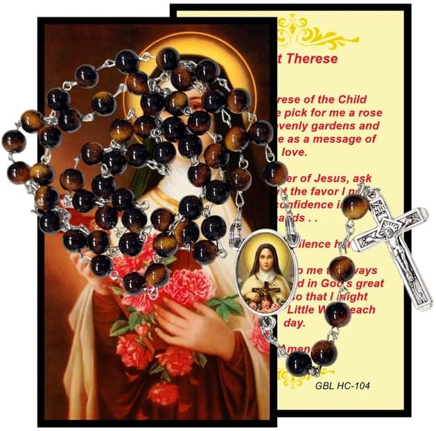 Saint Thérèse of Lisieux Catholic Rosary with Natural Tiger Eye Beads, Silver Crucifix and Center Medal, English Prayer Card, Natural Stone Prayer Beads for Daily Prayer, Devotion & Gifting