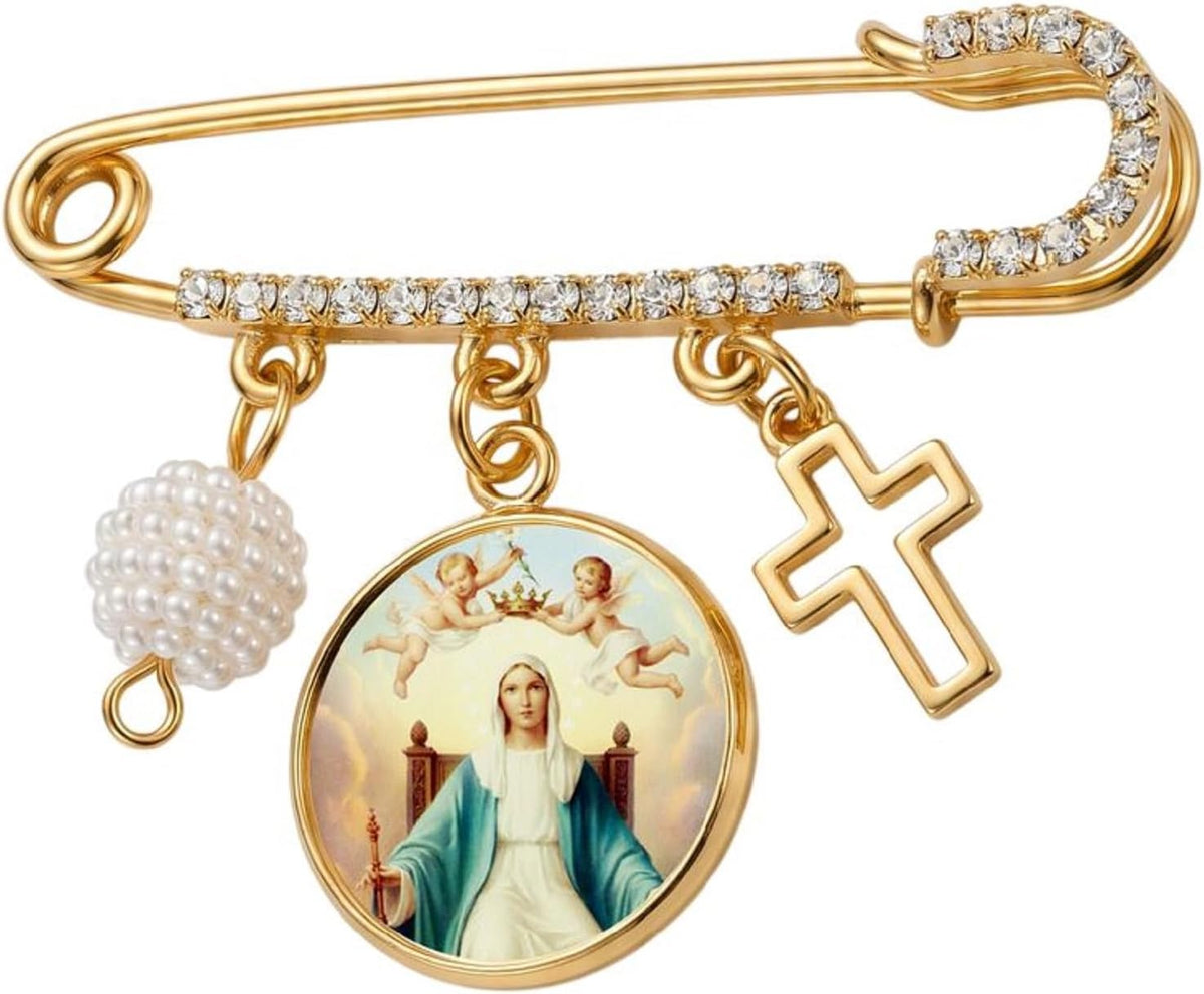 Queen of Angels Catholic Prayer Pin Brooch, Gold-Tone Rhinestone Safety Pin with Virgin Mary Medal, Cross Charm, White Pearl Bead Accent & English Prayer Card, Religious Faith Jewelry Gift