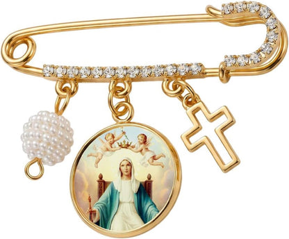 Queen of Angels Catholic Prayer Pin Brooch, Gold-Tone Rhinestone Safety Pin with Virgin Mary Medal, Cross Charm, White Pearl Bead Accent & English Prayer Card, Religious Faith Jewelry Gift