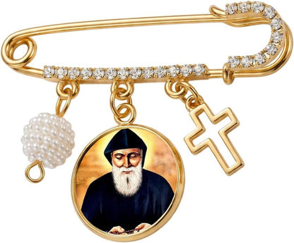 St. Charbel Catholic Prayer Pin Brooch, Gold-Tone Rhinestone Safety Pin with Saint Medal, Cross Charm, White Pearl Bead Accent & English Prayer Card, Religious Faith Jewelry Gift