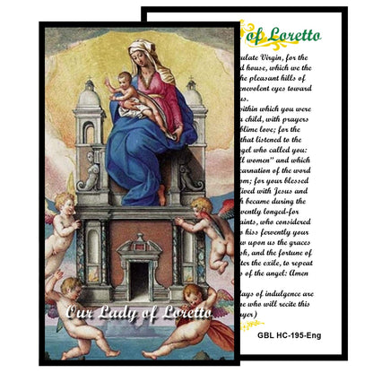 Our Lady of Loretto Handcrafted rosary jet black quartz capped beads gold plated findings, crucifix, medal centerpiece with color image and a prayer card