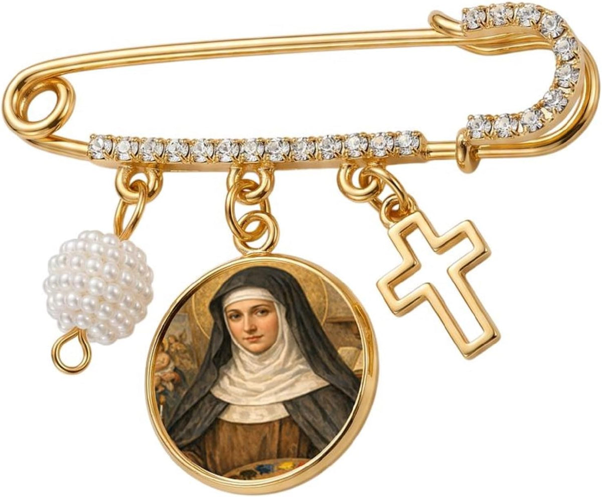 St. Catherine of Bologna Catholic Prayer Pin Brooch, Gold-Tone Rhinestone Safety Pin with Saint Medal, Cross Charm, Pearl Bead Accent & English Prayer Card, Religious Faith Jewelry Gift