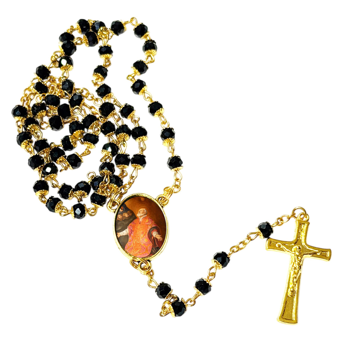 Saint Philip Neri Patron of joy, humor, comedians and artists Handcrafted rosary jet black quartz capped beads gold plated findings, crucifix, medal centerpiece with color image and a prayer card