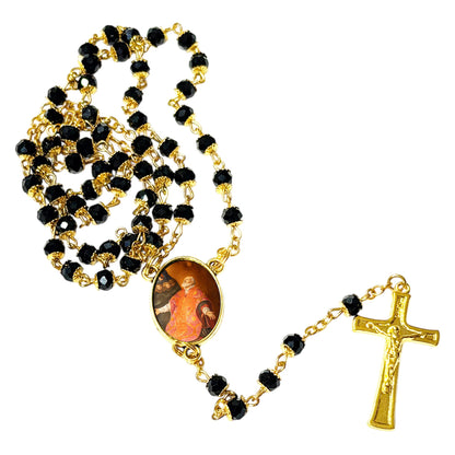 Saint Philip Neri Patron of joy, humor, comedians and artists Handcrafted rosary jet black quartz capped beads gold plated findings, crucifix, medal centerpiece with color image and a prayer card