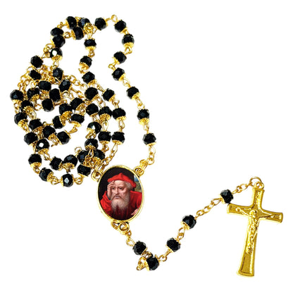 Saint Jerome Patron of librarians, translators, and archaeologists Handcrafted rosary jet black quartz capped beads gold plated findings, crucifix, medal centerpiece with color image and a prayer card