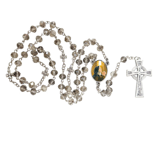 Alice of Schaerbeek Patroness of the Blind and Paralyzed Handcrafted Smoke Quartz Crystal Rosary with Silver‑Plated Crucifix and Color Image Centerpiece – Cross Pater Nosters and Prayer Card Included