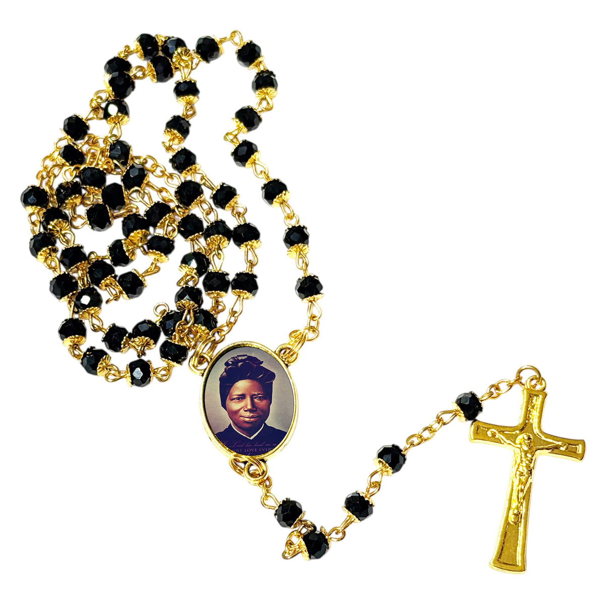 Saint Josephine Bakhita Daughter of Africa Handcrafted rosary jet black quartz capped beads gold plated findings, crucifix, medal centerpiece with color image and a prayer card IN ENGLISH