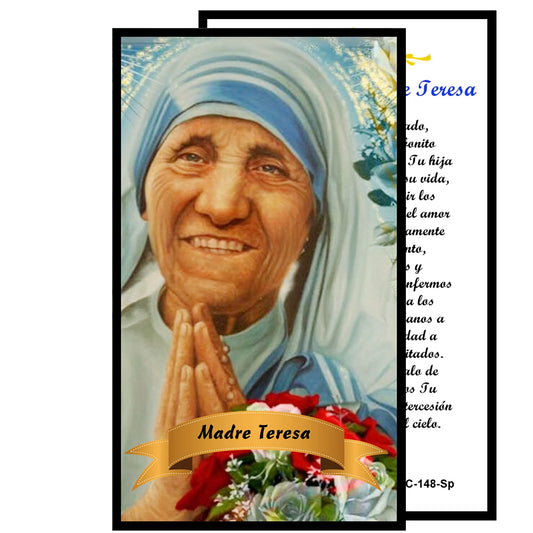 Madre Teresa de Calcuta Rosario artesanal con cuentas de cuarzo negro azabache con coronita crucifijo y detalles enchapados en oro centro cabochon con imagen a color y postal de rezo