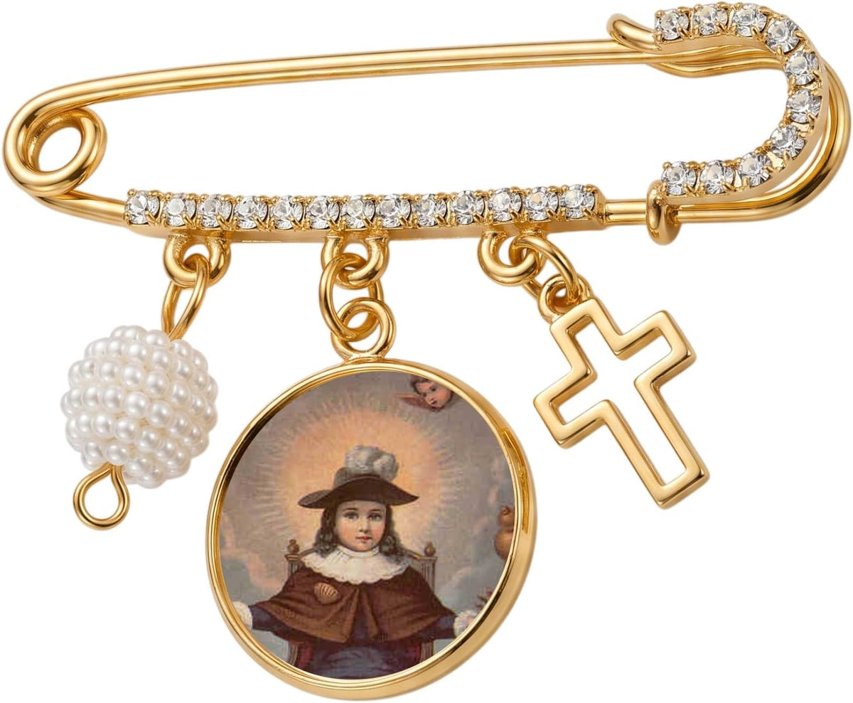 Holy Child of Atocha Religious Devotional Pin Gold-Tone Brooch with Saint Medal Charm, Faith Jewelry, Catholic Gift for Prayer and Protection