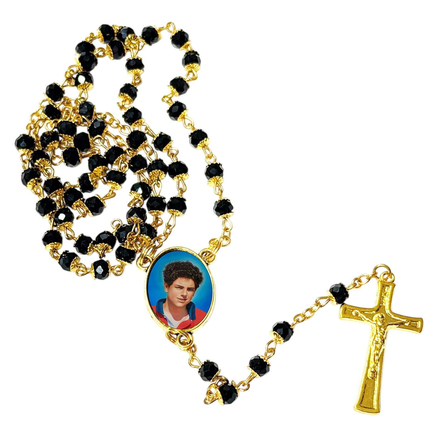 Saint Carlo Acutis Gods Influencer Patron of Internet Handcrafted rosary jet black quartz capped beads gold plated findings, crucifix, medal centerpiece with color image and a prayer card IN ENGLISH