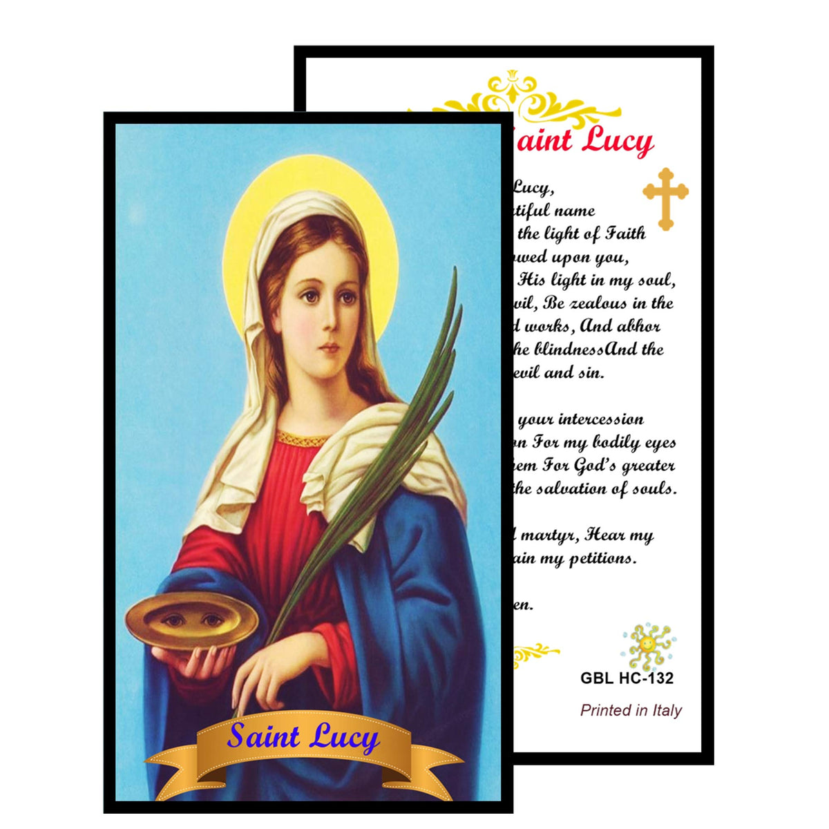 Saint Lucy Patron of Eyes and Eyes Diseases Handcrafted rosary jet black quartz capped beads gold plated findings, crucifix, medal centerpiece with color image and a prayer card