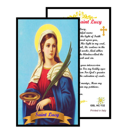 Saint Lucy Patron of Eyes and Eyes Diseases Handcrafted rosary jet black quartz capped beads gold plated findings, crucifix, medal centerpiece with color image and a prayer card