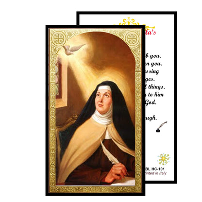 Saint Therese of Avila Teresa de Jesus Handcrafted rosary jet black quartz capped beads gold plated findings, crucifix, medal centerpiece with color image and a prayer card IN ENGLISH