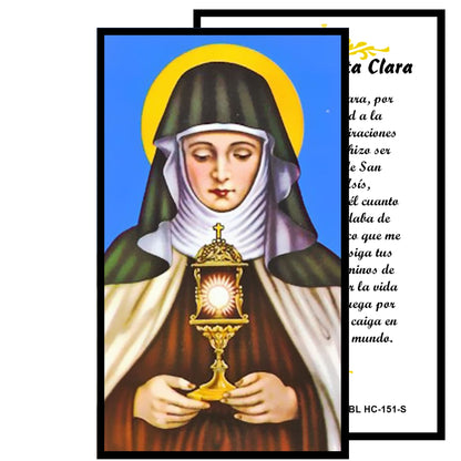 Santa Clara de Asis Patrona de las Modistas Las Bordadoras y los Pobres Rosario artesanal de cristal de cuarzo ahumado con crucifijo bañado en plata y centro con imagen a color – crucifijos por Padre Nuestros y postal de rezo EN ESPANOL