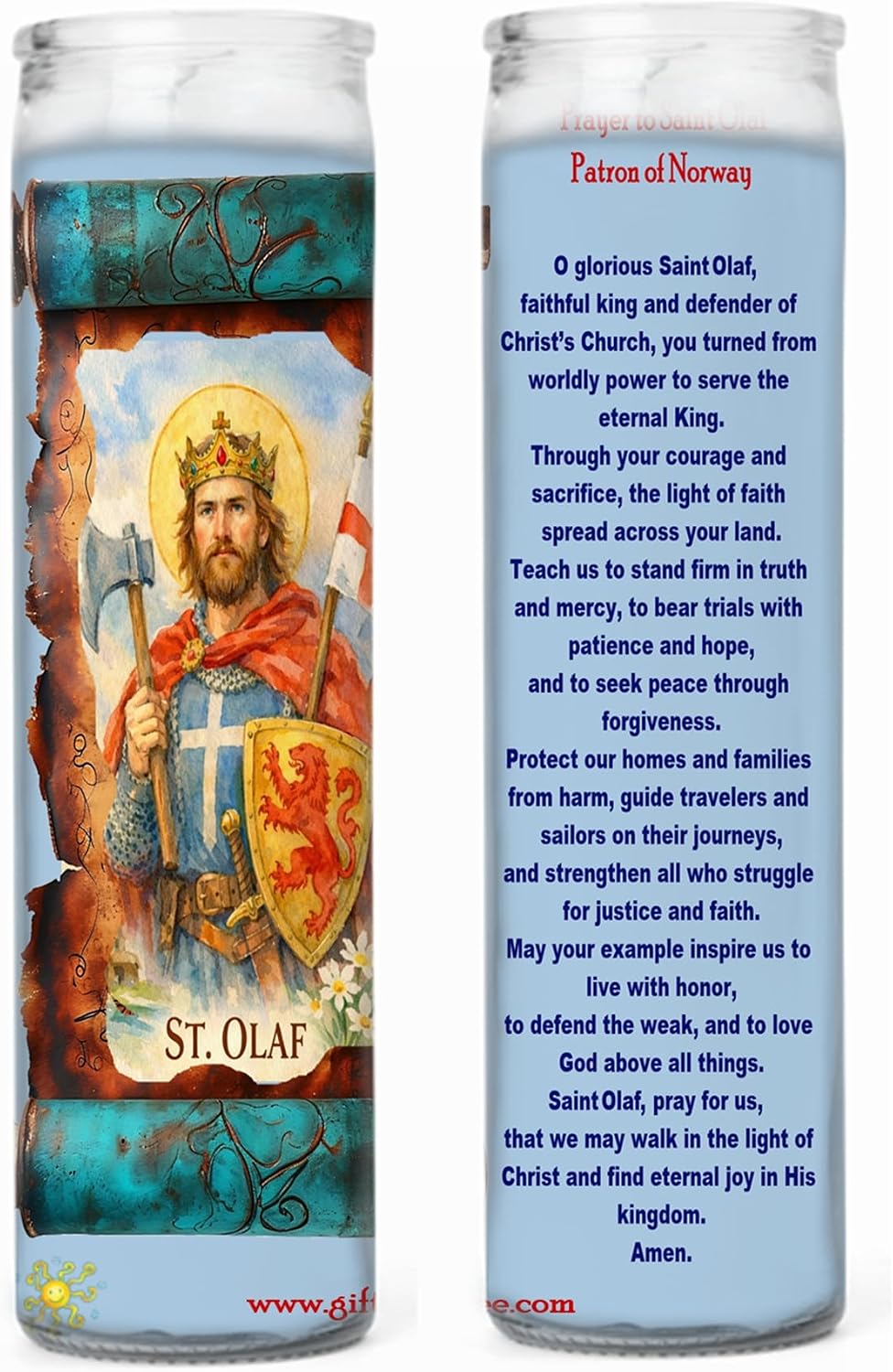 St. Olaf Candle with Prayer on Back | Patron Saint of Norway – Catholic Devotional Pillar Candle for Home Altar, Protection & Daily Prayer - Set of 2 Candles