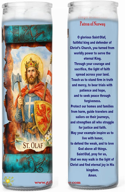 St. Olaf Candle with Prayer on Back | Patron Saint of Norway – Catholic Devotional Pillar Candle for Home Altar, Protection & Daily Prayer - Set of 2 Candles