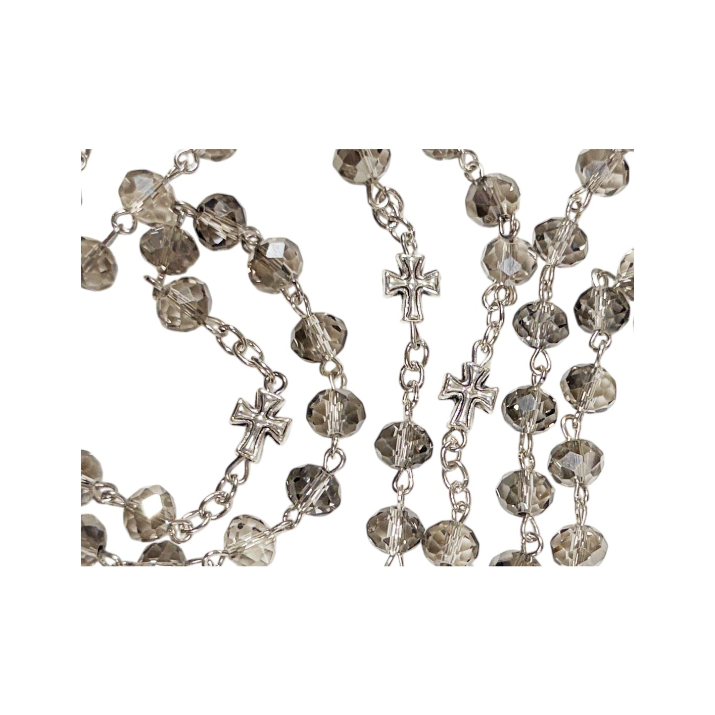 Our Lady of Tears Nossa Senhora das Lágrimas Brazilian Marian Devotion Handcrafted Smoke Quartz Crystal Rosary with Silver‑Plated Crucifix and Color Image Centerpiece – Cross Pater Nosters and Prayer Card Included