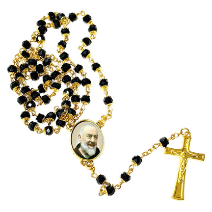 Padre Pio of Pietrelcinia Patron of Healing Handcrafted rosary jet black quartz capped beads gold plated findings, crucifix, medal centerpiece with color image and a prayer card