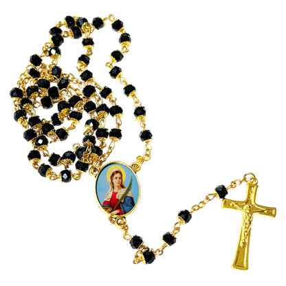 Saint Lucy Patron of Eyes and Eyes Diseases Handcrafted rosary jet black quartz capped beads gold plated findings, crucifix, medal centerpiece with color image and a prayer card