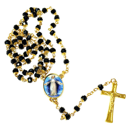 Our Lady of the Highways Patroness of Travelers, Drivers, and Highway Workers Handcrafted rosary jet black quartz capped beads gold plated findings, crucifix, medal centerpiece with color image and a prayer card