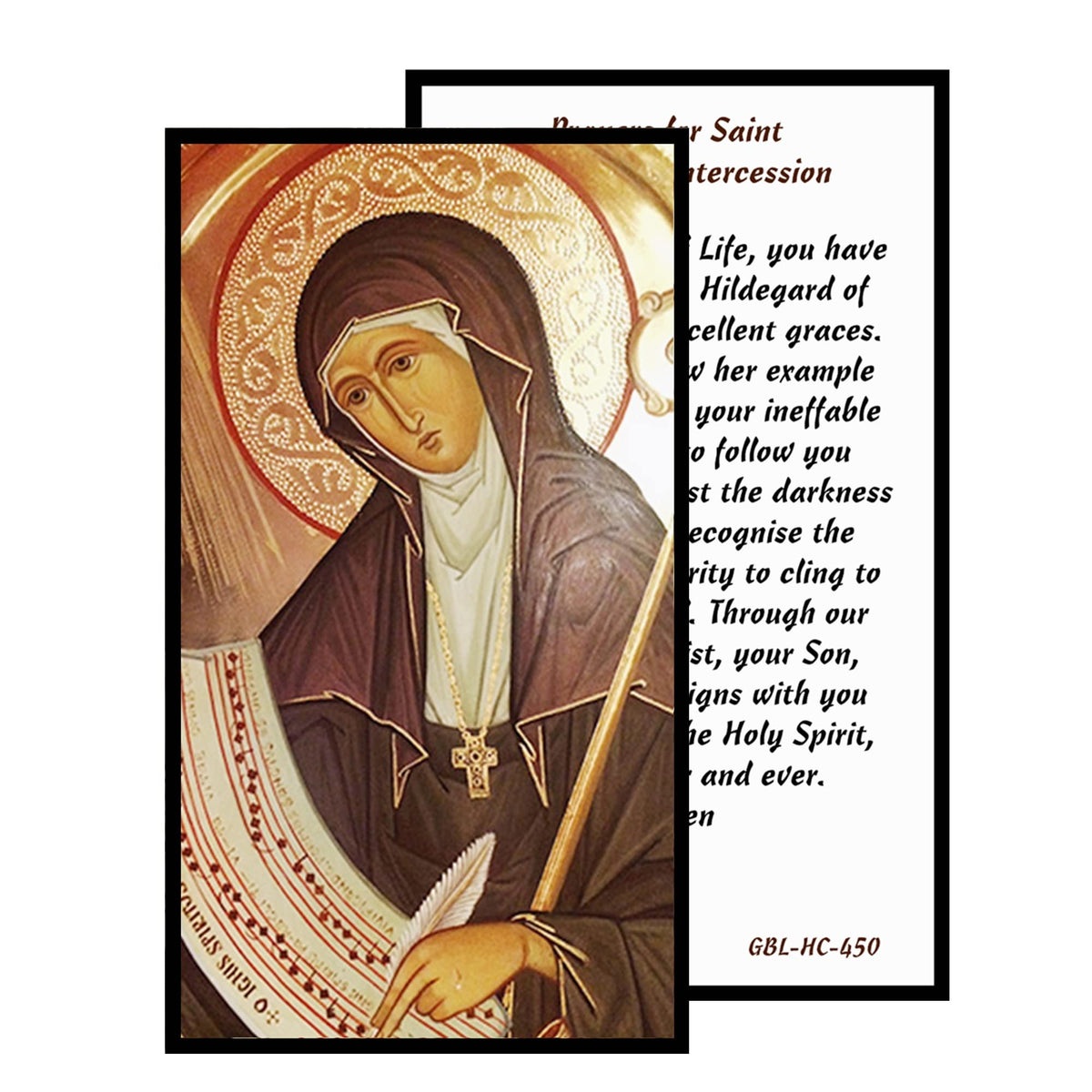Saint Hildegard von Bingen Sibyl of the Rhine Handcrafted rosary jet black quartz capped beads gold plated findings, crucifix, medal centerpiece with color image and a prayer card
