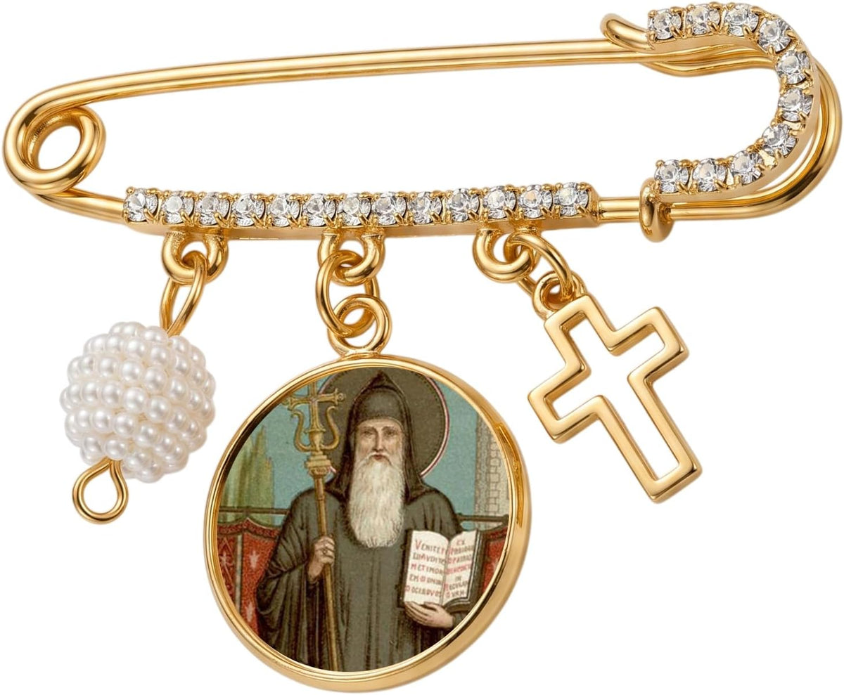 St. Benedict Gold-Tone Safety Pin Brooch with Saint Medal, Cross Charm, Pearl Accent & Crystal Details, Catholic Religious Faith Pin, Inspirational Gift
