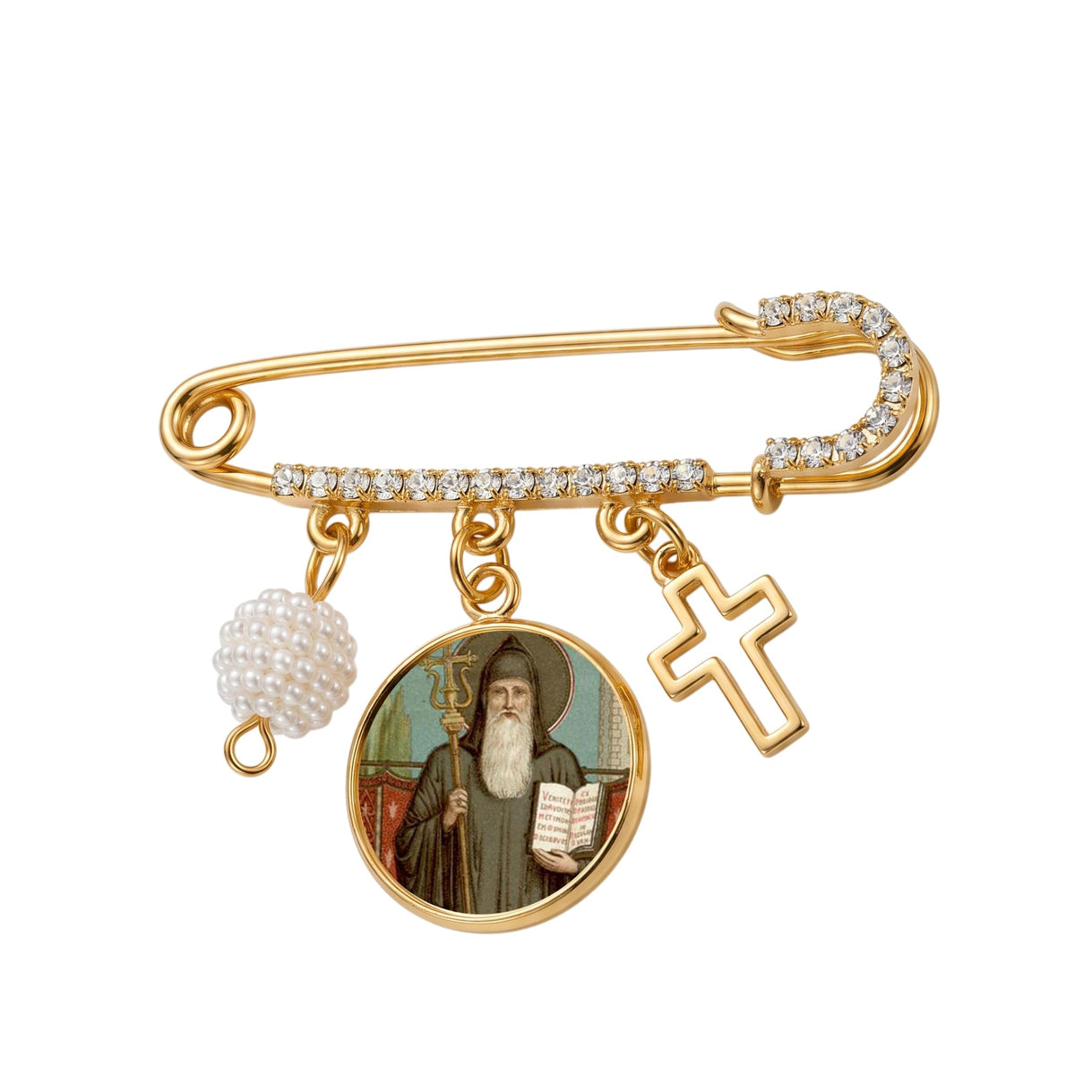 St. Benedict Gold-Tone Safety Pin Brooch with Saint Medal, Cross Charm, Pearl Accent & Crystal Details, Catholic Religious Faith Pin, Inspirational Gift