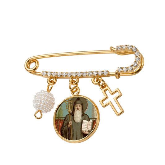 St. Benedict Gold-Tone Safety Pin Brooch with Saint Medal, Cross Charm, Pearl Accent & Crystal Details, Catholic Religious Faith Pin, Inspirational Gift