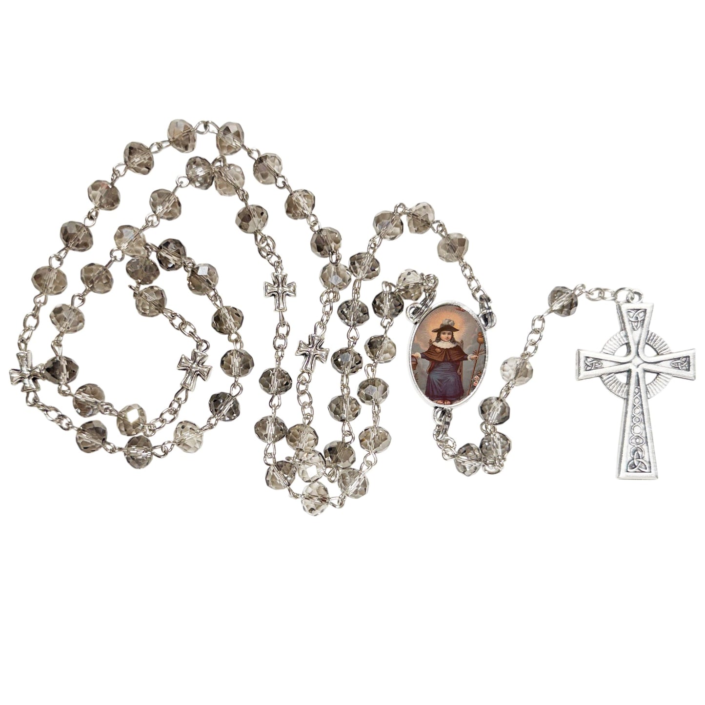 Holy Infant of Atocha Patron of Prisioners Handcrafted Smoke Quartz Crystal Rosary with Silver‑Plated Crucifix and Color Image Centerpiece – Cross Pater Nosters and Prayer Card Included