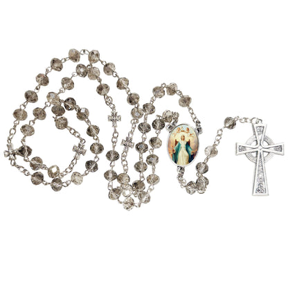 Our Lady Queen of the Angels Handcrafted Smoke Quartz Crystal Rosary with Silver‑Plated Crucifix and Color Image Centerpiece – Cross Pater Nosters and Prayer Card Included