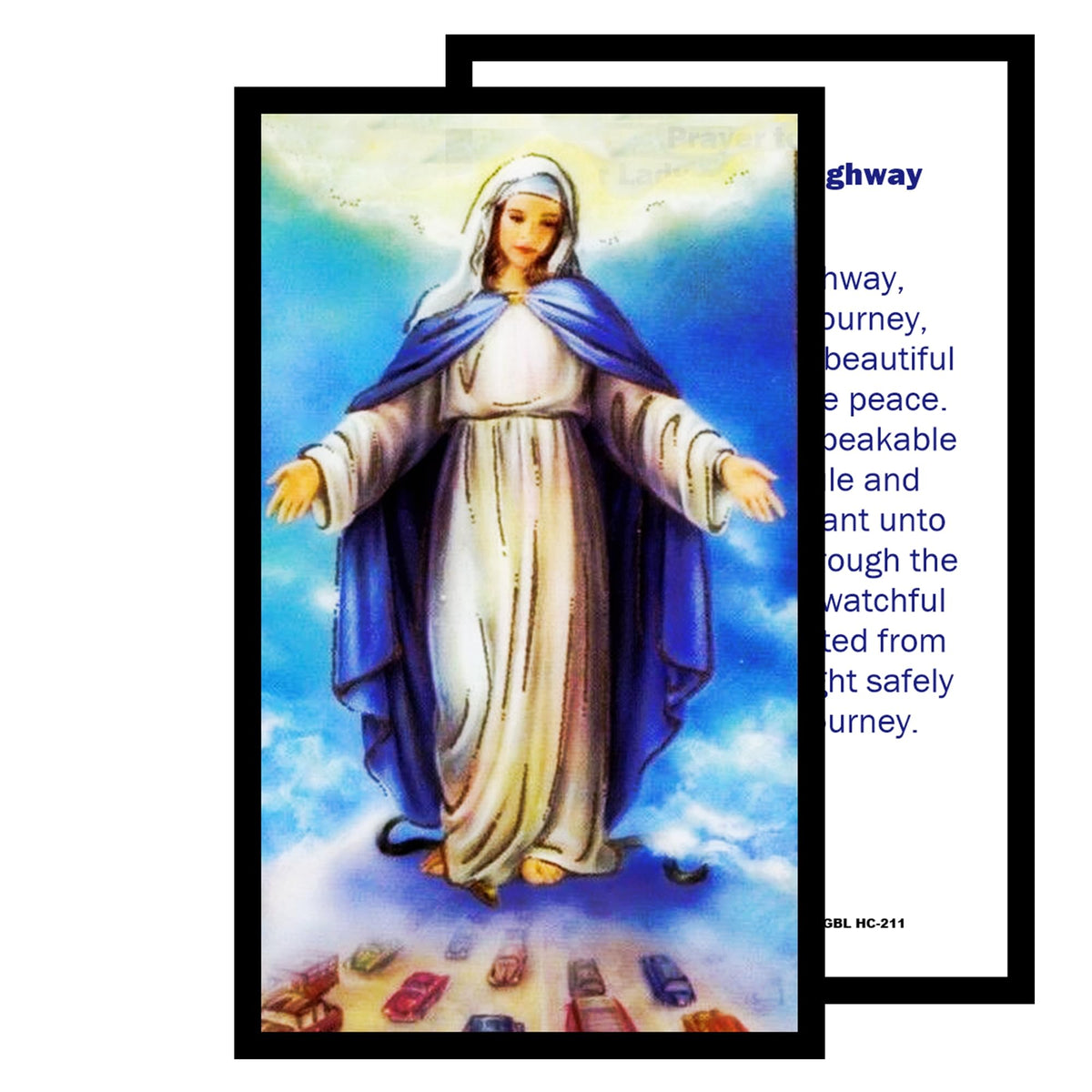 Our Lady of the Highways Patroness of Travelers, Drivers, and Highway Workers Handcrafted rosary jet black quartz capped beads gold plated findings, crucifix, medal centerpiece with color image and a prayer card