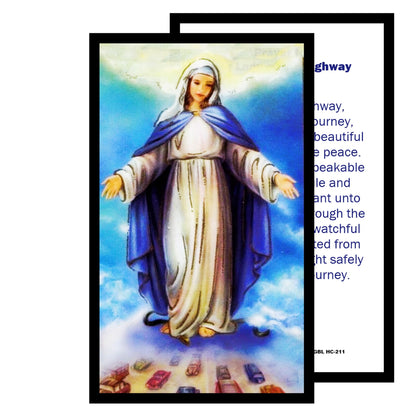 Our Lady of the Highways Patroness of Travelers, Drivers, and Highway Workers Handcrafted rosary jet black quartz capped beads gold plated findings, crucifix, medal centerpiece with color image and a prayer card