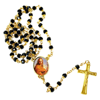 Saint James the Apostle James Way Patron of Spain Handcrafted rosary jet black quartz capped beads gold plated findings, crucifix, medal centerpiece with color image and a prayer card